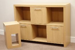Oak finish side cabinet fitted with three cupboards, W113cm, H82cm,