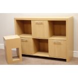 Oak finish side cabinet fitted with three cupboards, W113cm, H82cm,