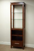 Mahogany finish free-standing display shelf, with single drawer, W57cm, H194cm,