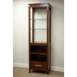 Mahogany finish free-standing display shelf, with single drawer, W57cm, H194cm,