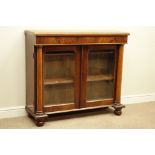 Victorian and later chiffonier enclosed by two glazed doors, turned column uprights, W117cm, H102cm,