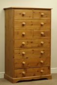 Waxed pine chest, four short and five long drawers, W87cm, H144cm,
