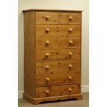 Waxed pine chest, four short and five long drawers, W87cm, H144cm,