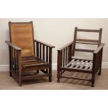 Late 19th century oak framed adjustable lounger armchair and a similar lounger with folding