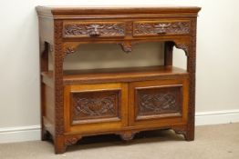 Victorian caved oak buffet sideboard, fitted with two drawers and two cupboards, W122cm, D48cm,