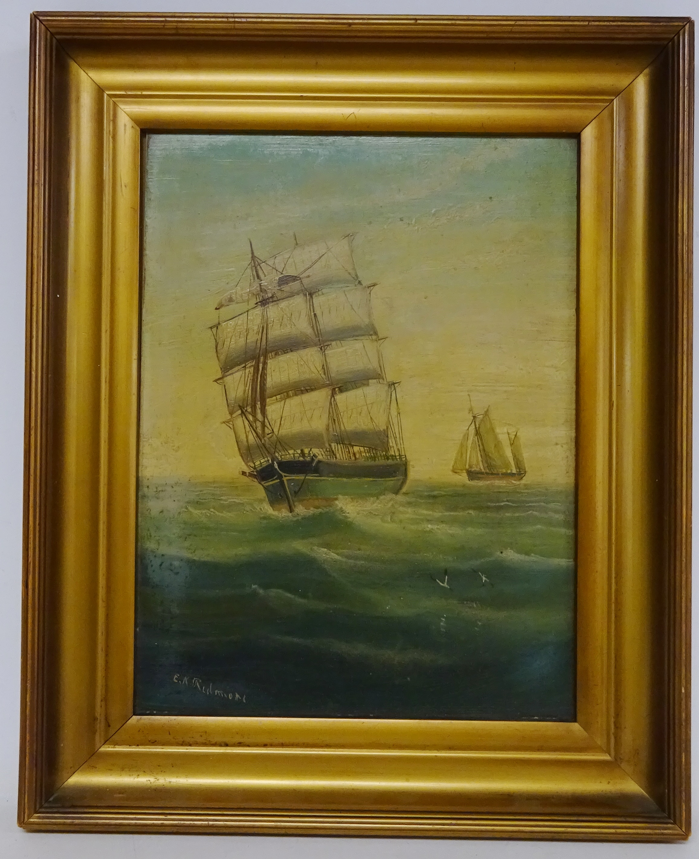 Sailing Vessels at Sea, oil on board E K Redmore (British 1860-1941), 30. - Image 2 of 3