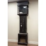 19th century heavily carved ebonised oak longcase clock case, 'Time Flies' carved to frieze.