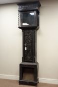 19th century heavily carved ebonised oak longcase clock case, 'Time Flies' carved to frieze.