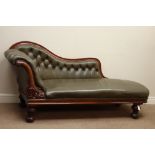 Victorian mahogany chaise longue, heavily carved baluster feet, scrolled arm and serpentine back,