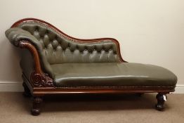 Victorian mahogany chaise longue, heavily carved baluster feet, scrolled arm and serpentine back,