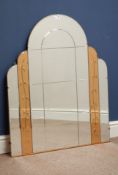 Art Deco arched top frameless wall mirror, amber tinted glass and bevelled decoration,
