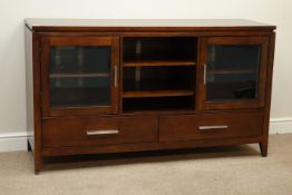 Mahogany finish side cabinet, two glazed cupboards, two drawers, W153cm, H88cm,