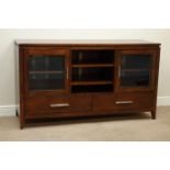 Mahogany finish side cabinet, two glazed cupboards, two drawers, W153cm, H88cm,