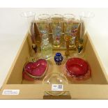 Set of six Retro water glasses on tray decorated with vintage cars,
