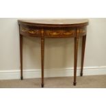 19th century Sheraton style inlaid mahogany demi lune card table, sunburst top,