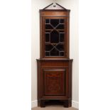 Edwardian mahogany corner cabinet, astragal glazed door above single panelled cupboard,