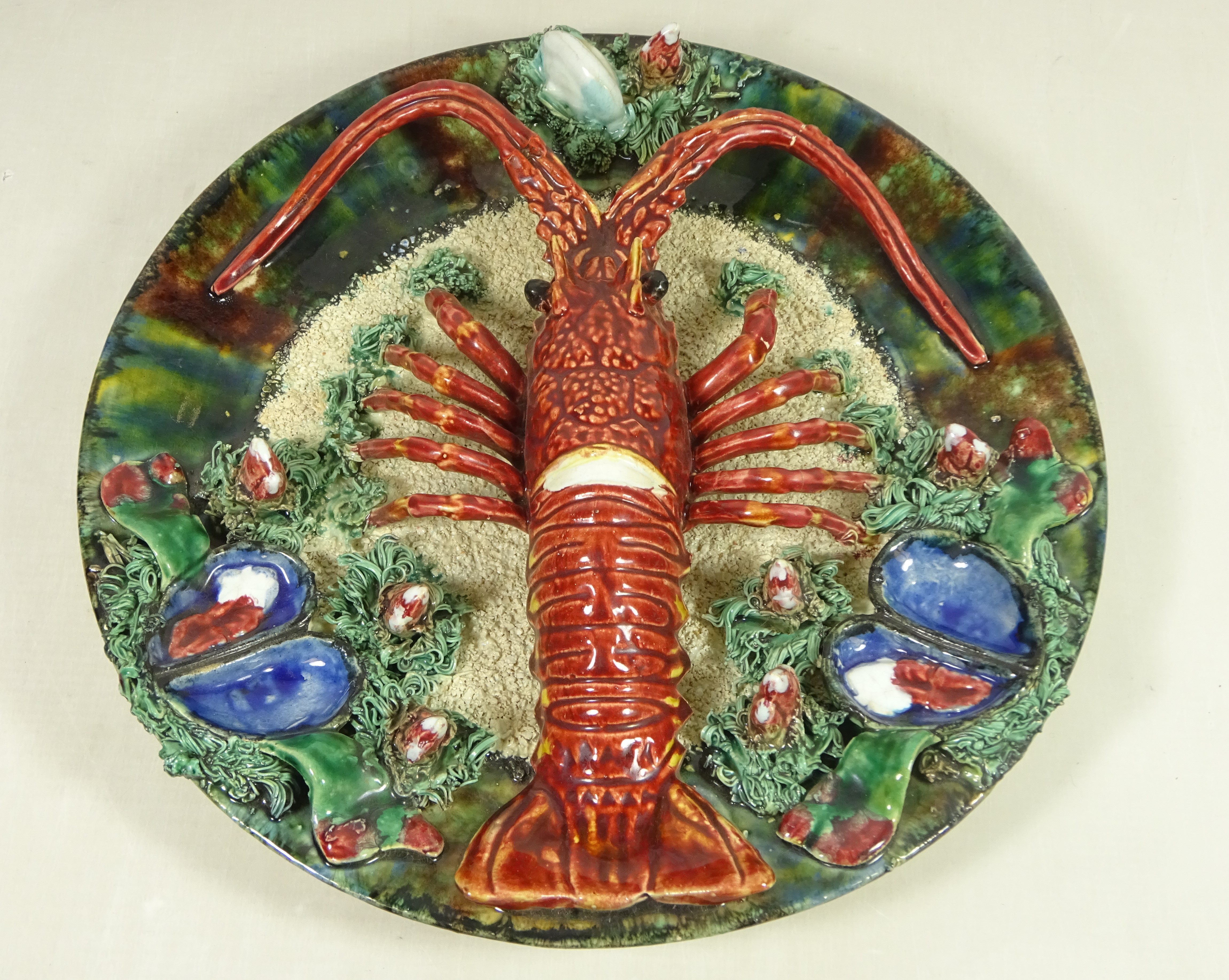 19th/ early 20th Century Jose A Cunha Portuguese Palissy ware dish with applied Lobster and mussel