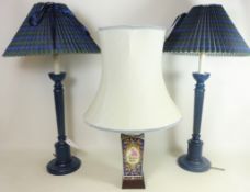 Pair of Regency style blue & gilt table lamps with tartan shades & an Oriental style table lamp,