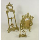 Two Rococo style brass photo frame easels and a cast brass easel photo frame (3)