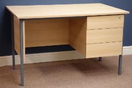 Light wood office desk with three drawers and swivel chair, W120cm, H73cm,