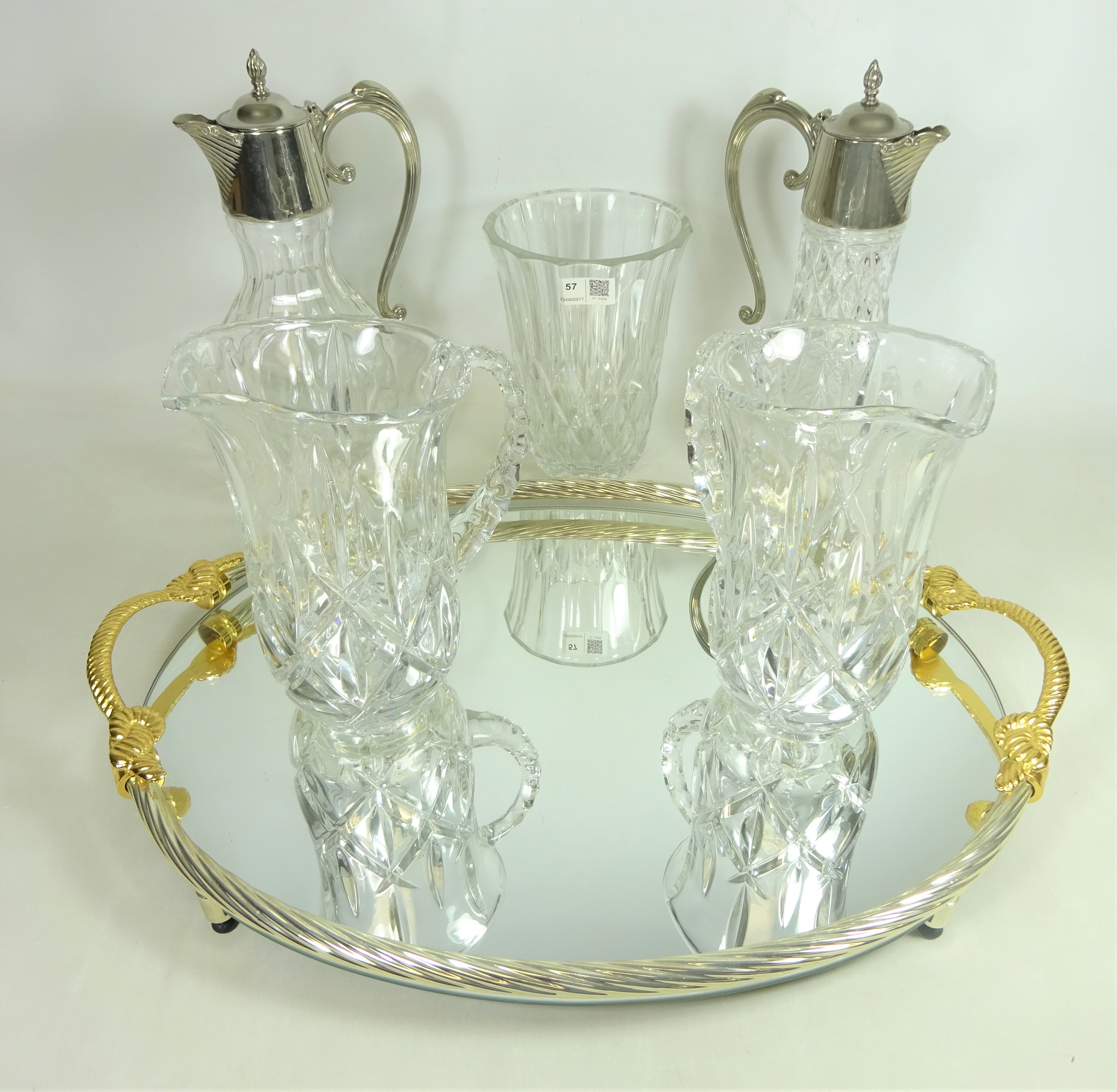 Two Claret jugs with silver plated mounts, Val Saint Lambert cut glass vase with signature to base,