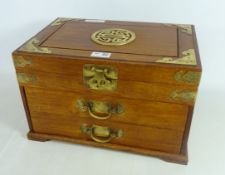 Chinese Camphor wood jewellery box with brass fittings and some costume jewellery H24cm x W38cm