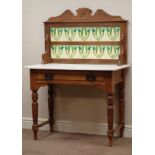 Edwardian pine and satin walnut washstand, white marble top, with decorative tiled splash back,