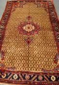 Persian Hamadan pale gold and round ground rug, repeating field with central medallion,