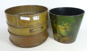 Set of three 19th/ early 20th Century brass gravel grading bucket/ test sieve and a early 20th