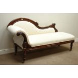 Edwardian walnut framed chaise longue, turned feet and carved detail, upholstered in cream fabric,