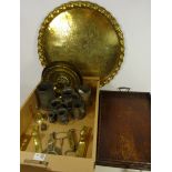 Pewter tankards and measures some stamped James Yates, Victorian oak tray,