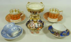 Early 19th Century Derby pot pourri base, two early 19th Century Derby coffee cans and saucers,
