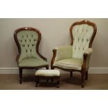 Two Victorian style upholstered armchairs and stool Condition Report <a