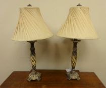 Pair of ornate wood effect table lamps with a twisted stem,
