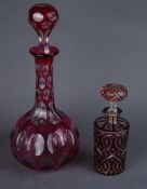 19th/ early 20th Century cranberry cut glass decanter, H33.