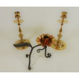 Pair of 17th Century style rose brass candlesticks,