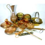19th Century and later copper kettles, warming pan, brass jam pan, tall copper jug, horse brasses,