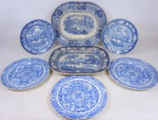 Early 19th Century blue and white meat plate decorated with the Wild Rose pattern. W.