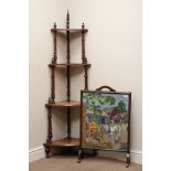 Late Victorian inlaid walnut four tier corner whatnot with twist supports (W58cm, H149cm),