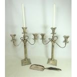 Pair of large early 20th Century silver plated three branch candelabra with Corinthian column stem,
