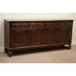 Oak linenfold sideboard fitted with four drawers and two double cupboards, W191cm, H87cm,