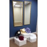 Four dress hats with three hat boxes and two rectangular wall mirrors in ornate gilt frames