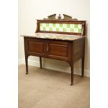 Edwardian walnut washstand, double panelled cupboard, with marble top and tiled back, W107cm,