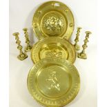 Two pairs of brass candlesticks and three brass circular wall plates with crests (7)