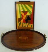 Edwardian inlaid mahogany oval tray with brass handles and a Capmari Geometric inlay serving tray