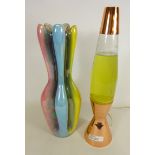 Vintage multicoloured iridescent vase and a 1960's Astro style lava lamp with copper effect