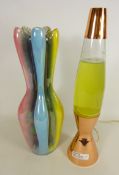 Vintage multicoloured iridescent vase and a 1960's Astro style lava lamp with copper effect