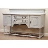 Edwardian rustic grey painted and waxed mahogany break bow front sideboard,