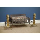 Late 19th century fire basket with pair brass lion fire dogs,