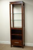 Mahogany finish free-standing display shelf, with single drawer, W57cm, H194cm,